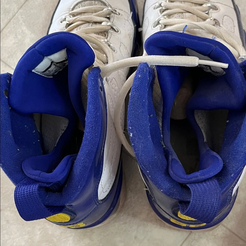 Men's Air Jordan 9 Retro White and Blue Sneakers with Yellow Accents 10